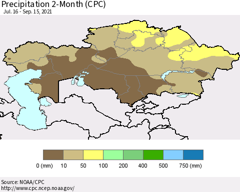 Kazakhstan Precipitation 2-Month (CPC) Thematic Map For 7/16/2021 - 9/15/2021