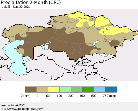 Kazakhstan Precipitation 2-Month (CPC) Thematic Map For 7/21/2021 - 9/20/2021