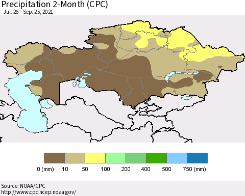 Kazakhstan Precipitation 2-Month (CPC) Thematic Map For 7/26/2021 - 9/25/2021