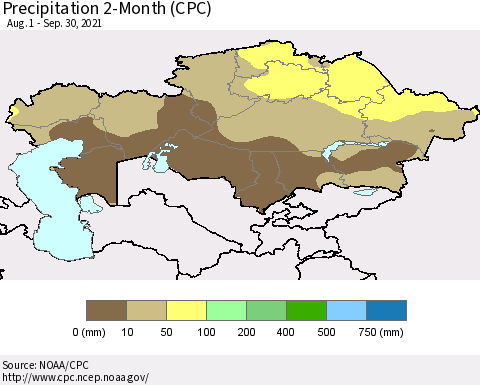 Kazakhstan Precipitation 2-Month (CPC) Thematic Map For 8/1/2021 - 9/30/2021