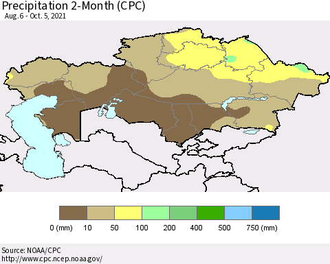 Kazakhstan Precipitation 2-Month (CPC) Thematic Map For 8/6/2021 - 10/5/2021