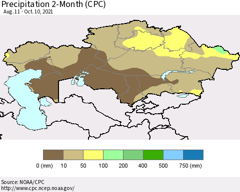 Kazakhstan Precipitation 2-Month (CPC) Thematic Map For 8/11/2021 - 10/10/2021