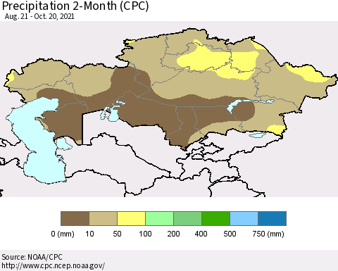 Kazakhstan Precipitation 2-Month (CPC) Thematic Map For 8/21/2021 - 10/20/2021