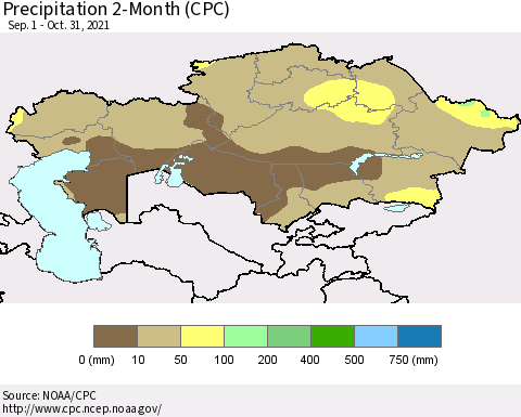 Kazakhstan Precipitation 2-Month (CPC) Thematic Map For 9/1/2021 - 10/31/2021