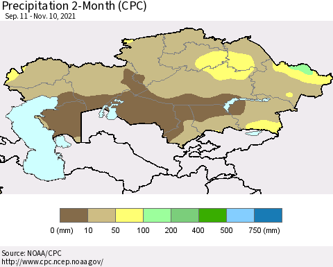 Kazakhstan Precipitation 2-Month (CPC) Thematic Map For 9/11/2021 - 11/10/2021