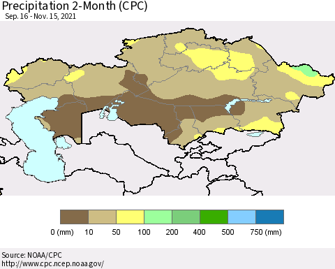 Kazakhstan Precipitation 2-Month (CPC) Thematic Map For 9/16/2021 - 11/15/2021