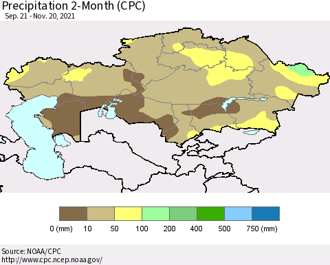 Kazakhstan Precipitation 2-Month (CPC) Thematic Map For 9/21/2021 - 11/20/2021