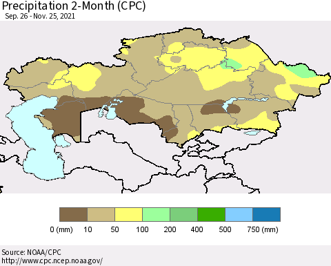 Kazakhstan Precipitation 2-Month (CPC) Thematic Map For 9/26/2021 - 11/25/2021