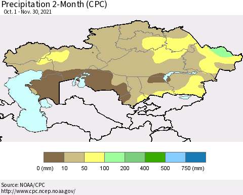 Kazakhstan Precipitation 2-Month (CPC) Thematic Map For 10/1/2021 - 11/30/2021