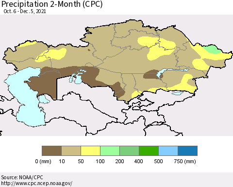 Kazakhstan Precipitation 2-Month (CPC) Thematic Map For 10/6/2021 - 12/5/2021