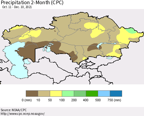 Kazakhstan Precipitation 2-Month (CPC) Thematic Map For 10/11/2021 - 12/10/2021
