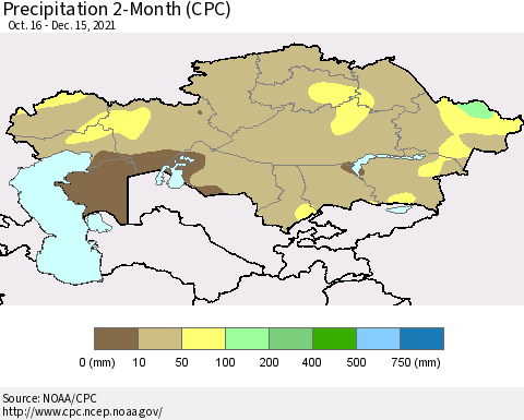 Kazakhstan Precipitation 2-Month (CPC) Thematic Map For 10/16/2021 - 12/15/2021