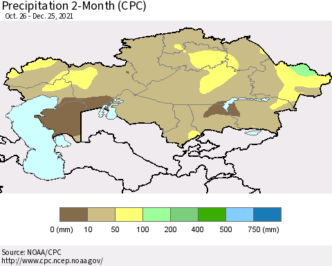 Kazakhstan Precipitation 2-Month (CPC) Thematic Map For 10/26/2021 - 12/25/2021