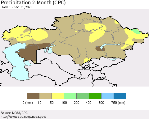 Kazakhstan Precipitation 2-Month (CPC) Thematic Map For 11/1/2021 - 12/31/2021