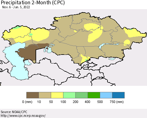 Kazakhstan Precipitation 2-Month (CPC) Thematic Map For 11/6/2021 - 1/5/2022