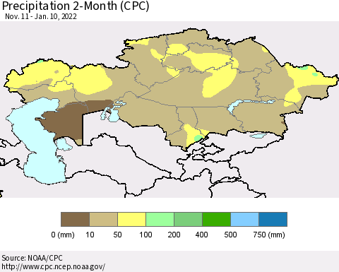 Kazakhstan Precipitation 2-Month (CPC) Thematic Map For 11/11/2021 - 1/10/2022