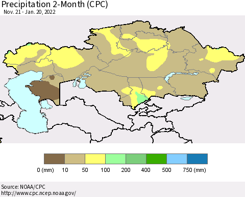 Kazakhstan Precipitation 2-Month (CPC) Thematic Map For 11/21/2021 - 1/20/2022