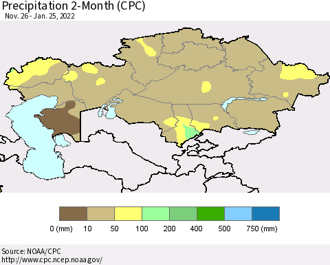 Kazakhstan Precipitation 2-Month (CPC) Thematic Map For 11/26/2021 - 1/25/2022