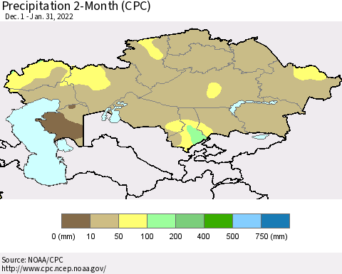 Kazakhstan Precipitation 2-Month (CPC) Thematic Map For 12/1/2021 - 1/31/2022