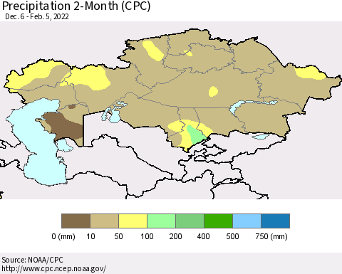 Kazakhstan Precipitation 2-Month (CPC) Thematic Map For 12/6/2021 - 2/5/2022