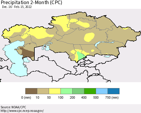 Kazakhstan Precipitation 2-Month (CPC) Thematic Map For 12/16/2021 - 2/15/2022