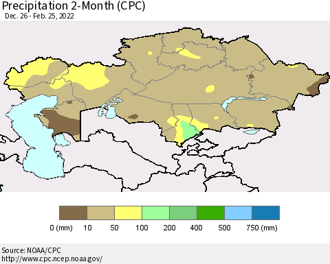 Kazakhstan Precipitation 2-Month (CPC) Thematic Map For 12/26/2021 - 2/25/2022