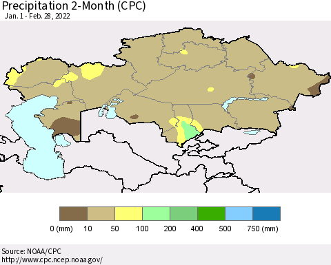 Kazakhstan Precipitation 2-Month (CPC) Thematic Map For 1/1/2022 - 2/28/2022