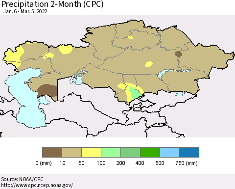 Kazakhstan Precipitation 2-Month (CPC) Thematic Map For 1/6/2022 - 3/5/2022