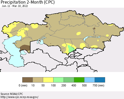 Kazakhstan Precipitation 2-Month (CPC) Thematic Map For 1/11/2022 - 3/10/2022