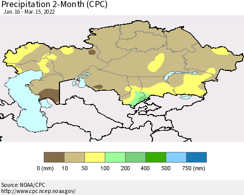 Kazakhstan Precipitation 2-Month (CPC) Thematic Map For 1/16/2022 - 3/15/2022
