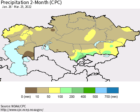 Kazakhstan Precipitation 2-Month (CPC) Thematic Map For 1/26/2022 - 3/25/2022