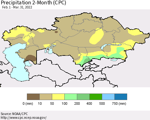 Kazakhstan Precipitation 2-Month (CPC) Thematic Map For 2/1/2022 - 3/31/2022