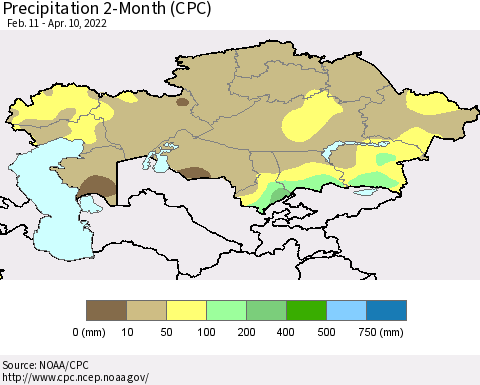 Kazakhstan Precipitation 2-Month (CPC) Thematic Map For 2/11/2022 - 4/10/2022