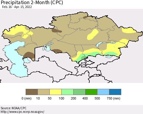 Kazakhstan Precipitation 2-Month (CPC) Thematic Map For 2/16/2022 - 4/15/2022