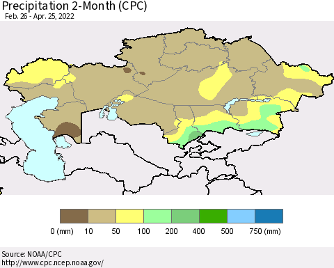 Kazakhstan Precipitation 2-Month (CPC) Thematic Map For 2/26/2022 - 4/25/2022