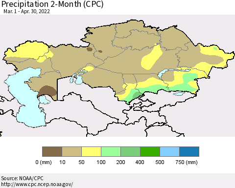 Kazakhstan Precipitation 2-Month (CPC) Thematic Map For 3/1/2022 - 4/30/2022