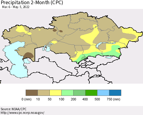 Kazakhstan Precipitation 2-Month (CPC) Thematic Map For 3/6/2022 - 5/5/2022