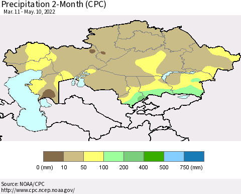 Kazakhstan Precipitation 2-Month (CPC) Thematic Map For 3/11/2022 - 5/10/2022