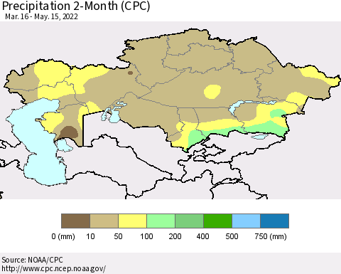Kazakhstan Precipitation 2-Month (CPC) Thematic Map For 3/16/2022 - 5/15/2022
