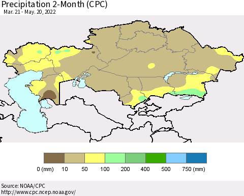 Kazakhstan Precipitation 2-Month (CPC) Thematic Map For 3/21/2022 - 5/20/2022