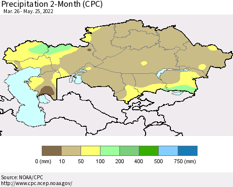 Kazakhstan Precipitation 2-Month (CPC) Thematic Map For 3/26/2022 - 5/25/2022