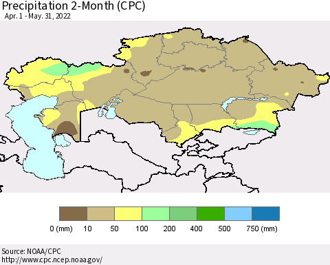 Kazakhstan Precipitation 2-Month (CPC) Thematic Map For 4/1/2022 - 5/31/2022