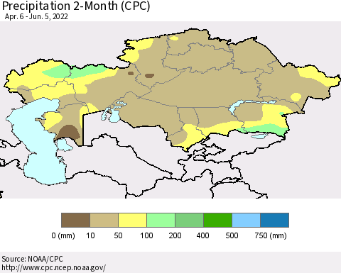 Kazakhstan Precipitation 2-Month (CPC) Thematic Map For 4/6/2022 - 6/5/2022