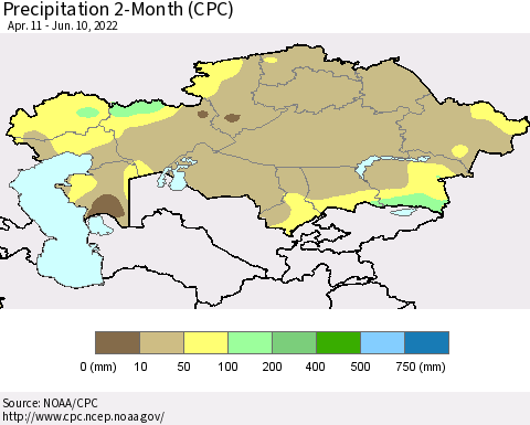 Kazakhstan Precipitation 2-Month (CPC) Thematic Map For 4/11/2022 - 6/10/2022