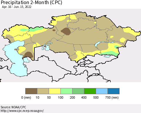Kazakhstan Precipitation 2-Month (CPC) Thematic Map For 4/16/2022 - 6/15/2022