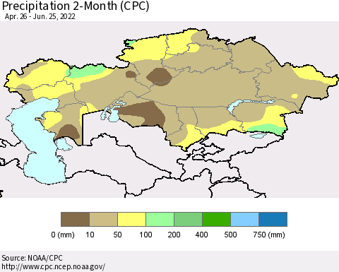 Kazakhstan Precipitation 2-Month (CPC) Thematic Map For 4/26/2022 - 6/25/2022