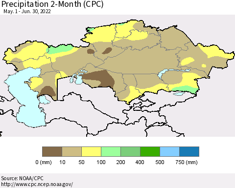 Kazakhstan Precipitation 2-Month (CPC) Thematic Map For 5/1/2022 - 6/30/2022