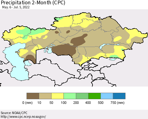 Kazakhstan Precipitation 2-Month (CPC) Thematic Map For 5/6/2022 - 7/5/2022