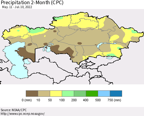 Kazakhstan Precipitation 2-Month (CPC) Thematic Map For 5/11/2022 - 7/10/2022