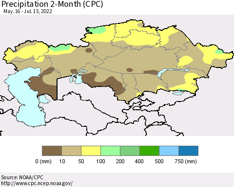 Kazakhstan Precipitation 2-Month (CPC) Thematic Map For 5/16/2022 - 7/15/2022